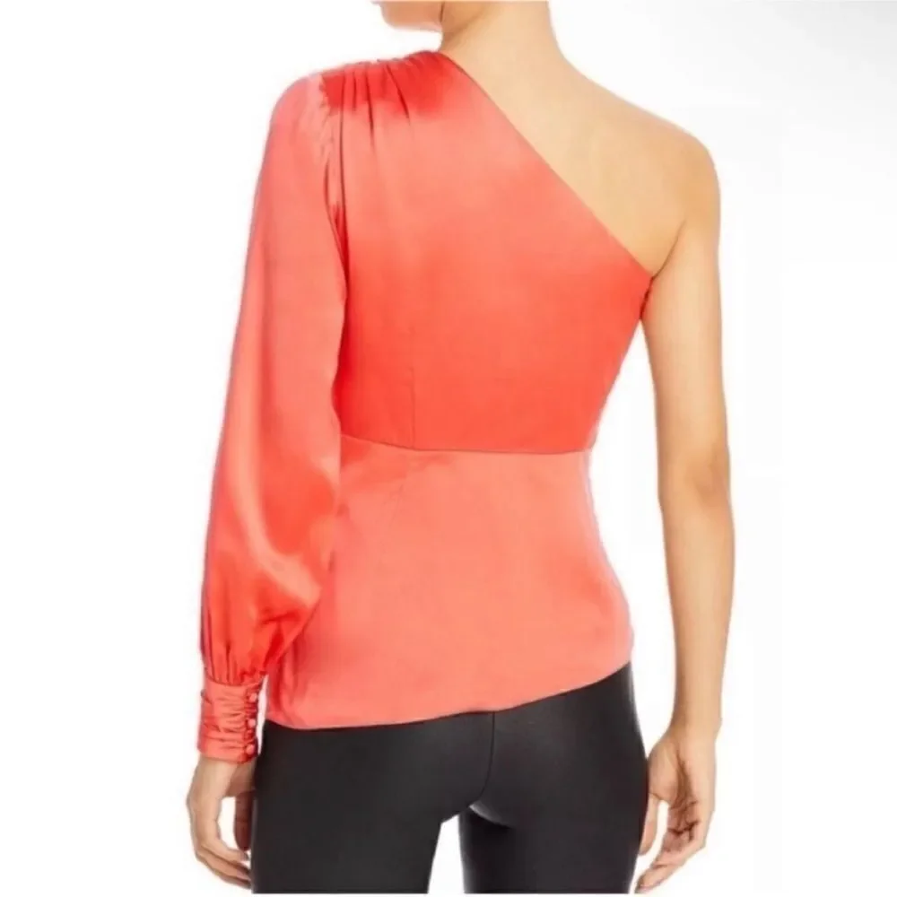 Cinq a Sept NWT Stace One-Shoulder Silk Blouse in Neon Coral Size XS